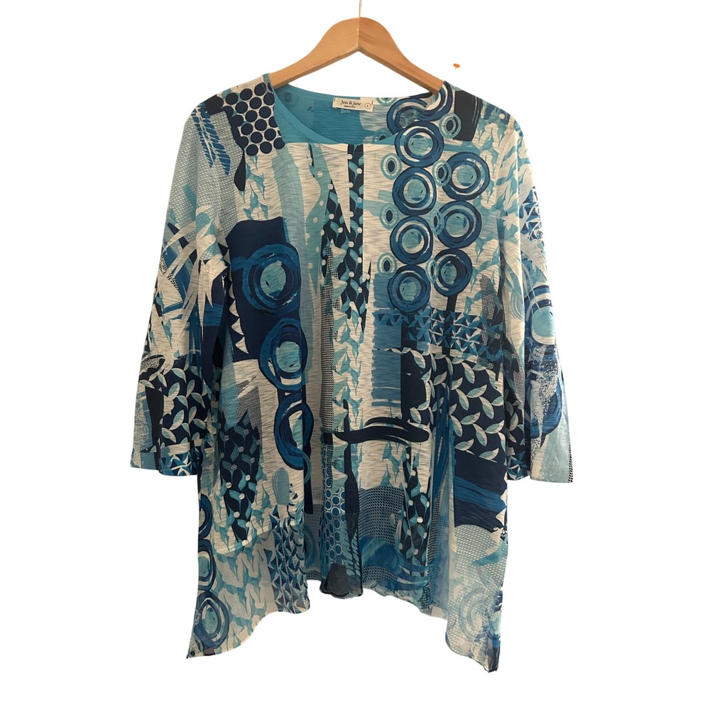 Jess & Jane Blue White Abstract Geometric Tunic Top 3/4 Sleeve L Made in USA